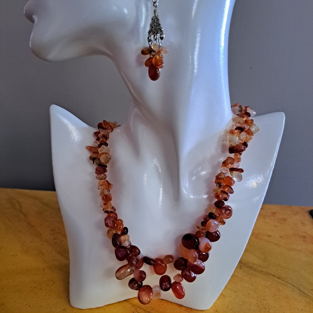 Carnelian Beaded Necklace, Bracelet and Earring Set in Silver